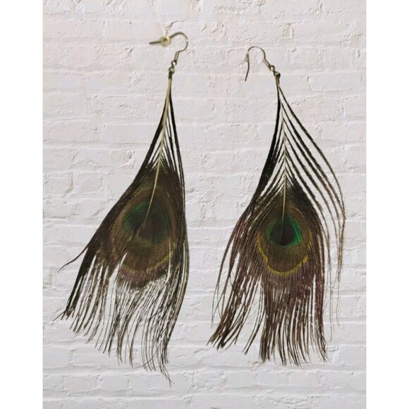 Peacock Feather Handmade Dangle Earrings Iridescent Statement Jewelry Pierced - Picture 2 of 2